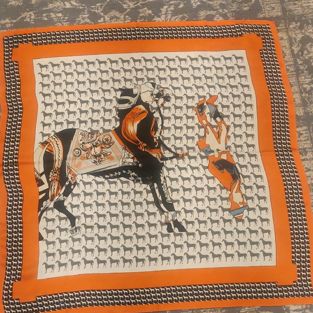 Orange & Black Equestrian Print Silky  Square Scarf Vintage Inspired Y2k Trendy